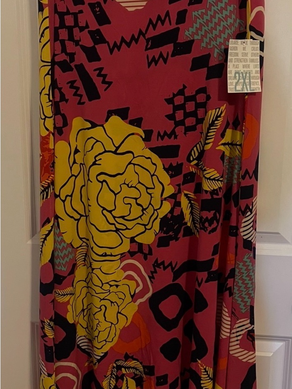 LuLaRoe Maxi Skirt in Deep Pink with Yellow, Black & Teal Floral Print